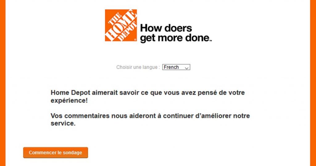 Loterie promotionnelle sondage à la satisfaction de la clientèle de Home Depot