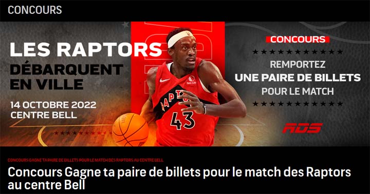 Concours RDS billets pour le match des Raptors