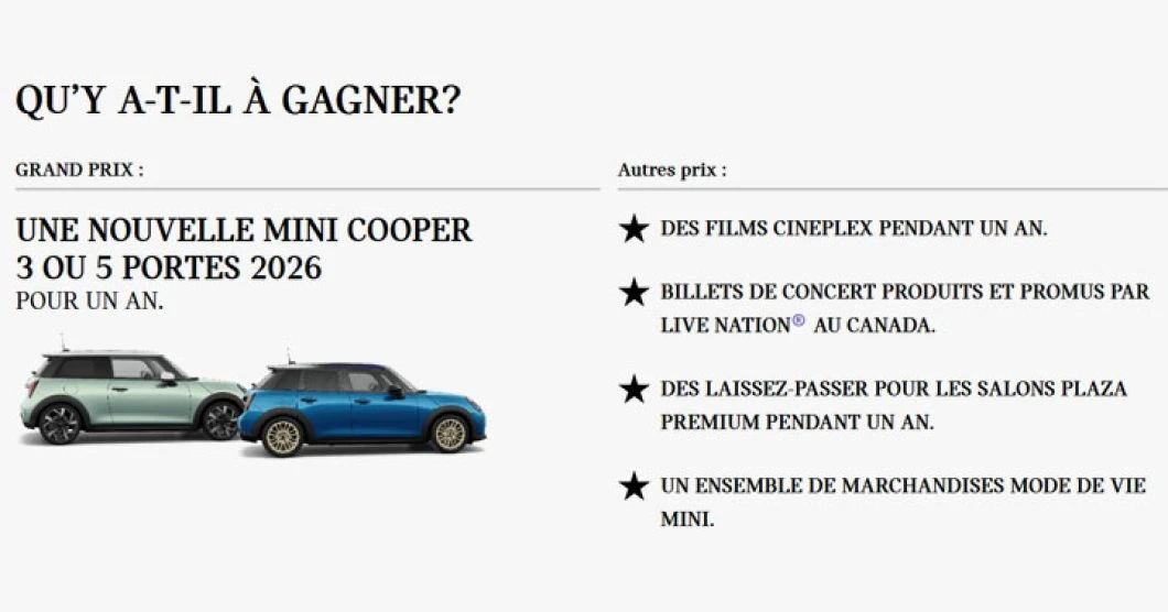 Concours Mini Cooper - Attrapez la nouvelle Mini pour un an